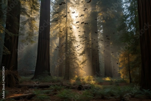 Lush forest of noble wood  birds flying  sun filtering between majestic trees.  generative IA