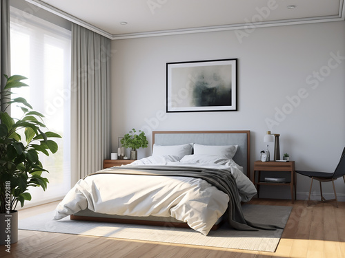 Serene white bedroom interior, adorned with furniture. AI Generated. © Llama-World-studio