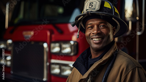 Portrait of a Black Firefighter: Portrait of a Black firefighter in full gear, standing next to a fire engine