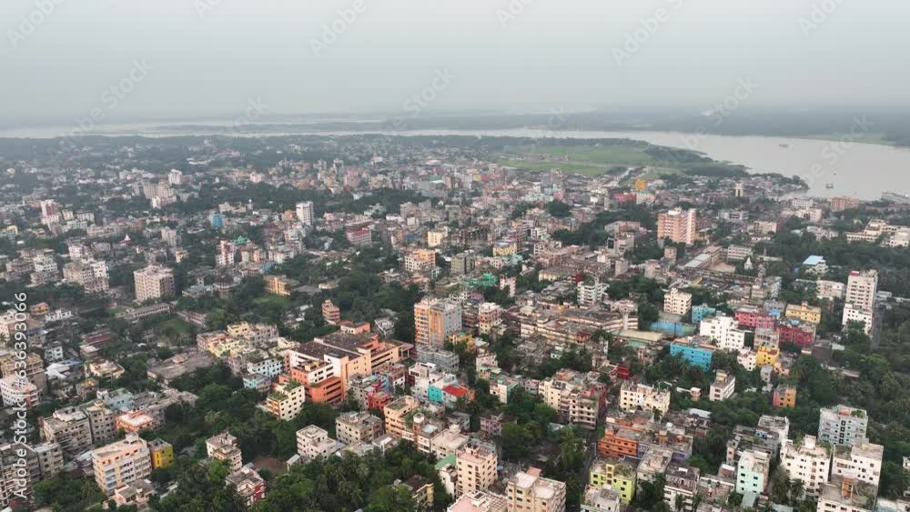 Aerial view of cities with lots of trees, Aerial View of Barisal City in Southern Bangladesh