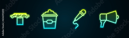 Set line Limousine car and carpet, Popcorn box, Microphone and Megaphone. Glowing neon icon. Vector