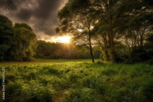 Golden rays pierce clouds, illuminating the countryside., generative IA