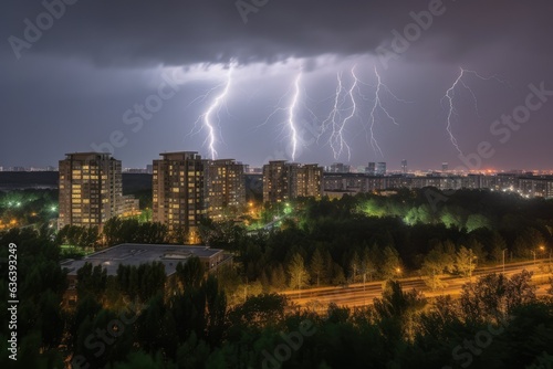 Lightning-lit city in stormy sky., generative IA