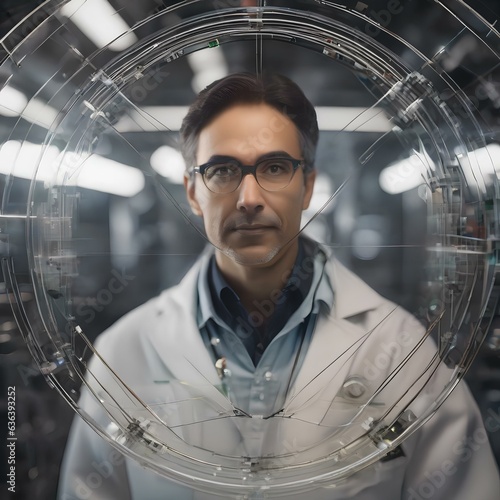 Render a portrait of a focused quantum physicist in a lab, exploring the mysteries of the universe1 photo