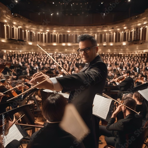 Capture a portrait of a charismatic classical conductor leading an orchestra in a grand performance4
