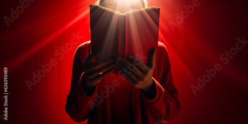 Sunlit hands hold a radiant red book, symbolizing the joy of daily reading and knowledge's power - ideal for literature, education, and self-improvement.