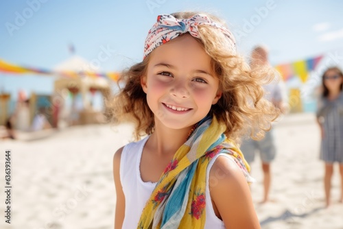 portrait of smiling little girl at beach during summer vacation on sunny day