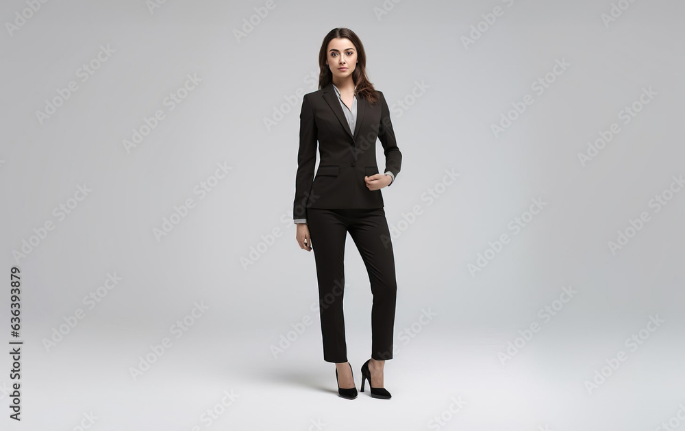 Full-length portrait of a business woman on white background, business suit. Created using generative AI technology. - obrazy, fototapety, plakaty 