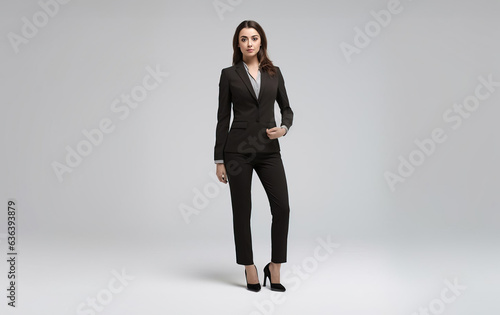 Full-length portrait of a business woman on white background, business suit. Created using generative AI technology.