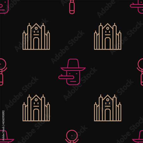 Set line Pizza knife, Milan Cathedral and Pinocchio on seamless pattern. Vector