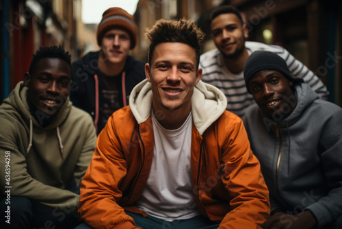 Youthful Revelry: Group of Vibrant Men Showcasing Teethcore Aesthetics in Energetic Pose photo