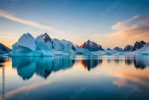 an arctic iceberg and glacier panorama with mountains in the background at sunset