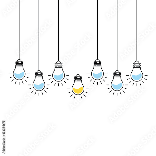 many hanging lightbulbs like unique idea. simple lineart style trend modern graphic stroke art design isolated on white. concept of think outside the box or bright rays in night or smart illumination