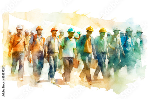 Engaging Labor Day depiction in watercolor style, featuring subtle hues and free-flowing shapes. The delicate interplay of light and color fascinatingly portrays a group of workers.