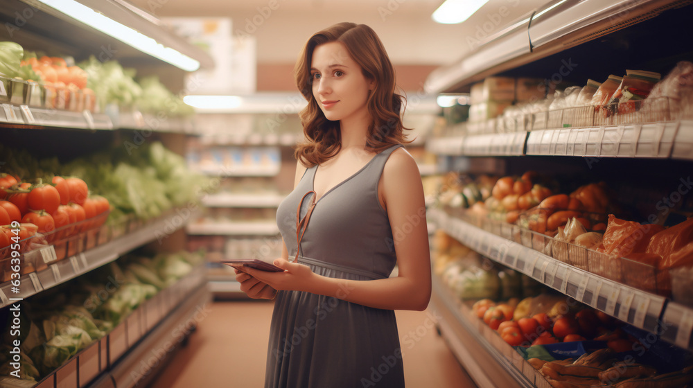 A beautiful pregnant woman in the grocery shop, Generative Ai