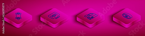 Set Isometric line Longboard or skateboard, Skateboard wheel, Cinema camera and ball bearing icon. Vector