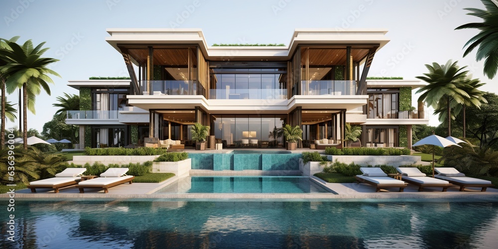 custom made wallpaper toronto digitalGenerative AI, View of swimming pool in front of a modern luxury house. Villa, hotel resort