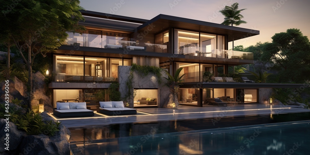 Generative AI, View of swimming pool in front of a modern luxury house. Villa, hotel resort Generative AI, View of swimming pool in front of a modern luxury house. Villa, hotel resort