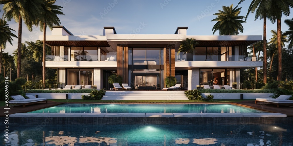 Fototapeta premium Generative AI, View of swimming pool in front of a modern luxury house. Villa, hotel resort