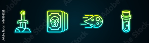 Set line Sword in the stone, Tarot cards, Fireball and Bottle with potion. Glowing neon icon. Vector