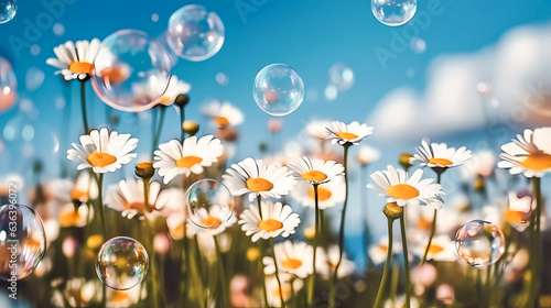 Soap bubbles, bokeh. Large bright colored flowers. Against the background of the blue sky. Generative AI technology.
