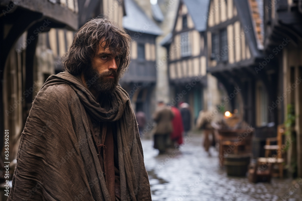 recreation of a beggar in the middle ages in a European city of the past recreation of a beggar in the middle ages in a European city of the past