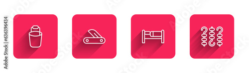 Set line Bucket, Swiss army knife, Bed and Grilled shish kebab on skewer with long shadow. Red square button. Vector