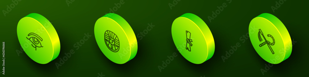 Set Isometric line Eye of Horus, Egyptian pharaoh, Papyrus scroll and Crook and flail icon. Vector Set Isometric line Eye of Horus, Egyptian pharaoh, Papyrus scroll and Crook and flail icon. Vector