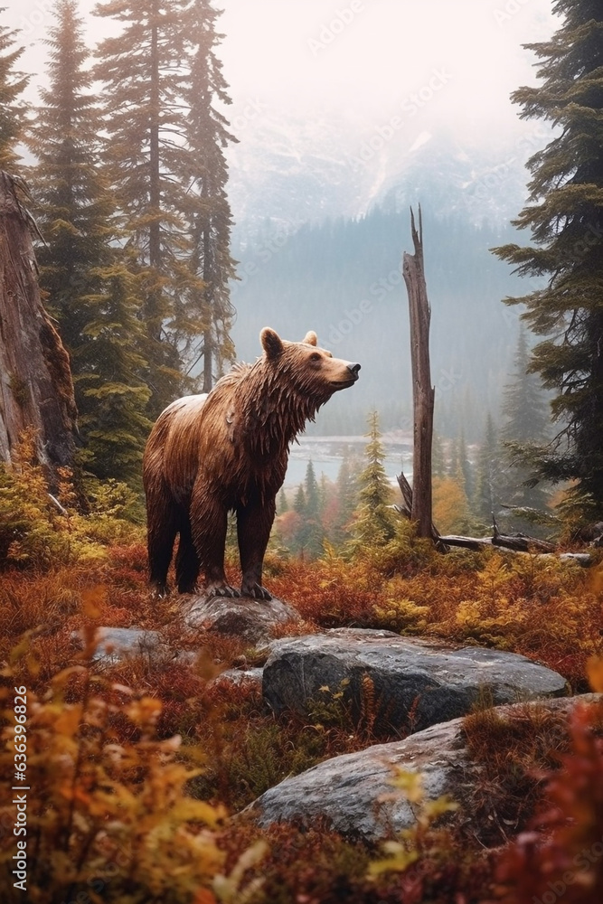 Brown bear in the woods with a lake in the background, British Columbia Brown bear in the woods with a lake in the background, British Columbia