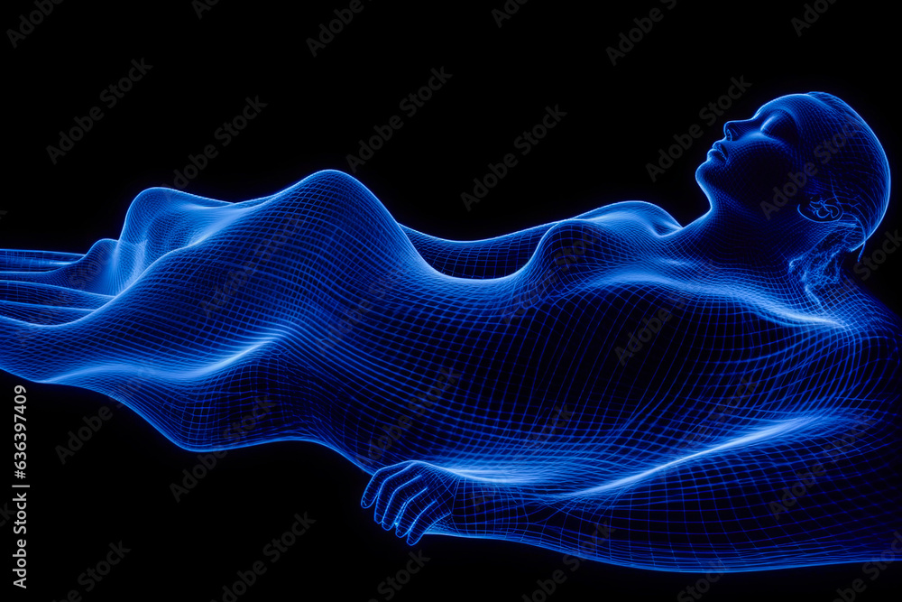 Engaging digital waves traverse through a relaxed man's silhouette, showcasing sleep and wake cycles. Monochromatic blues evoke serenity. - obrazy, fototapety, plakaty 