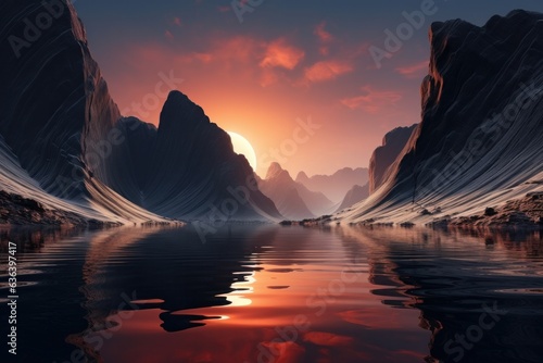 Fantasy landscape with mountains and lake at sunset. 3D illustration © Angus.YW
