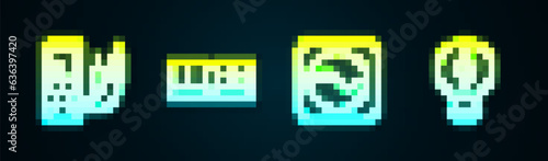 Set line Ampere meter, multimeter, Electric light switch, AC voltage source and Creative lamp idea. Glowing neon icon. Vector