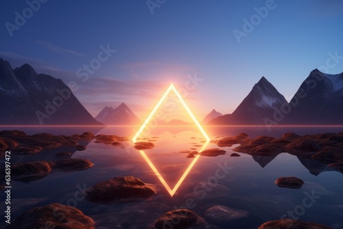 Fantasy landscape with mountains and a glowing triangle. 3d rendering