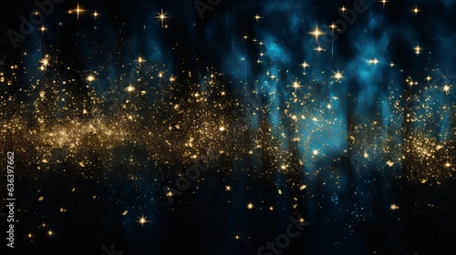 Beautiful gold glittering stars and star dust. Gold effect pixie dust on blue and black bokeh golden background with shining sparkles and sand