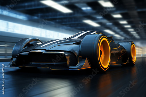 3D rendering of a sports concept car in a studio environment.