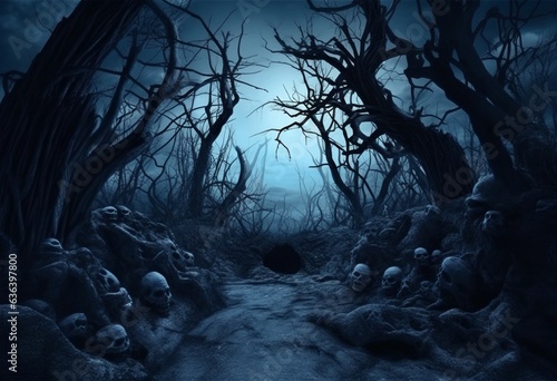 Creepy path in night forest with blue moonlight, generative ai