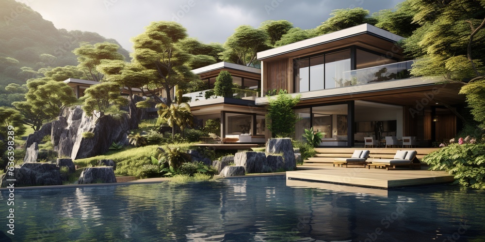 Generative AI, View of swimming pool in front of a modern luxury house. Villa, hotel resort Generative AI, View of swimming pool in front of a modern luxury house. Villa, hotel resort