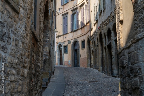 Narrow stone street in historical Bergamo  Italy