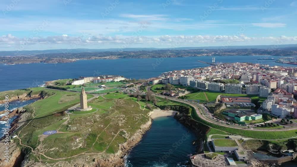 Drone view of A Coruna city. View of Torre de Hércules Lighthouse and Rosa dos Ventos . View of Aquarium of Coruna. Travel destination. Drone panning left. Spectacular landscape of Galicia, Spain Drone view of A Coruna city. View of Torre de Hércules Lighthouse and Rosa dos Ventos . View of Aquarium of Coruna. Travel destination. Drone panning left. Spectacular landscape of Galicia, Spain