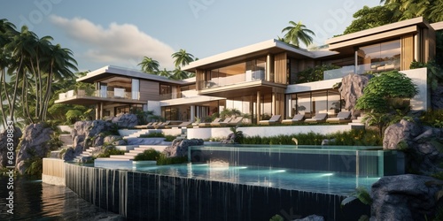 Generative AI, View of swimming pool in front of a modern luxury house. Villa, hotel resort © DELstudio