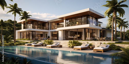 Generative AI, View of swimming pool in front of a modern luxury house. Villa, hotel resort © DELstudio
