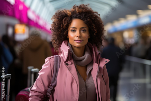 A stunning black woman stands at the entrance of a busy airport her large suitcase settling on the floor beside her. Her long slender