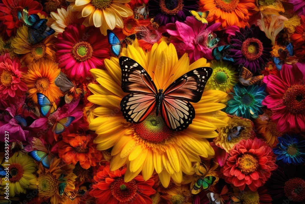Vibrant garden: red rose, tulips, sunflowers and butterflies in harmony., generative IA