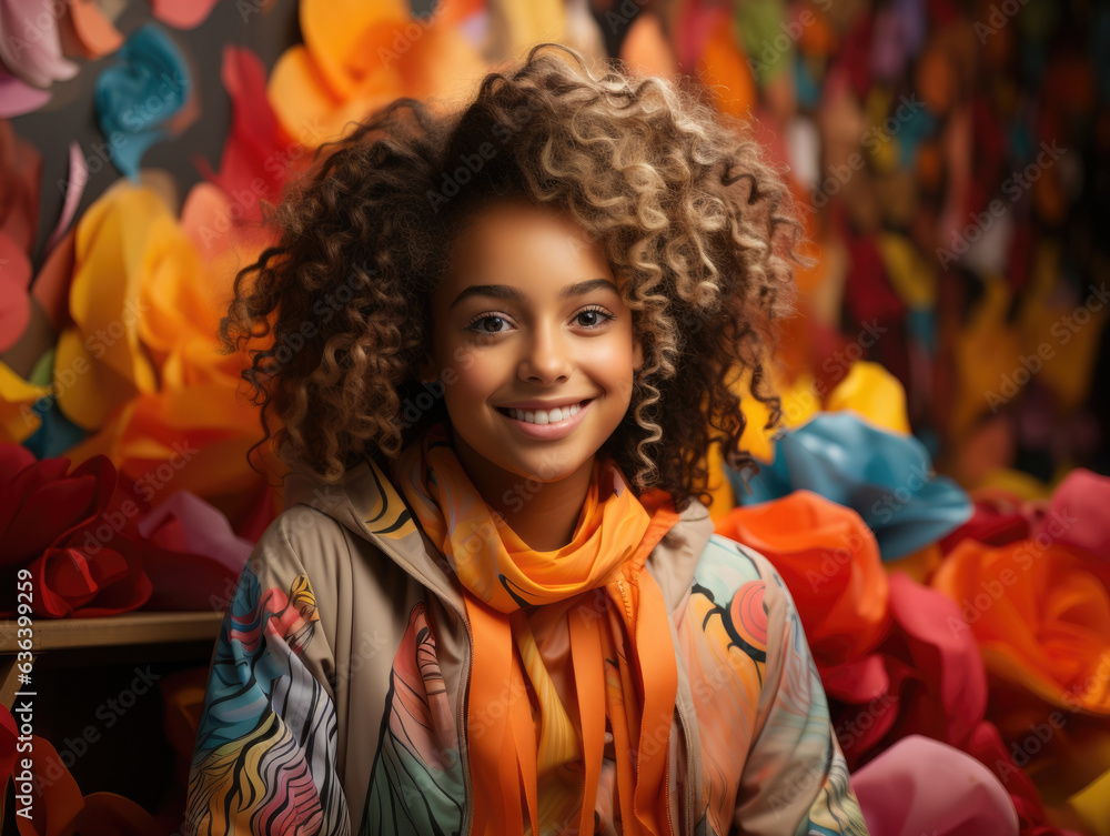 A young African girl sits happily surrounded by a landscape of colored pencils paper and blank canvases. Her creativity is overflowing A young African girl sits happily surrounded by a landscape of colored pencils paper and blank canvases. Her creativity is overflowing