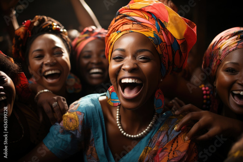A group of African women dance gracefully in a swirl of vibrant colors and fabrics. Dressed in a rainbow of pinks purples aqua blues
