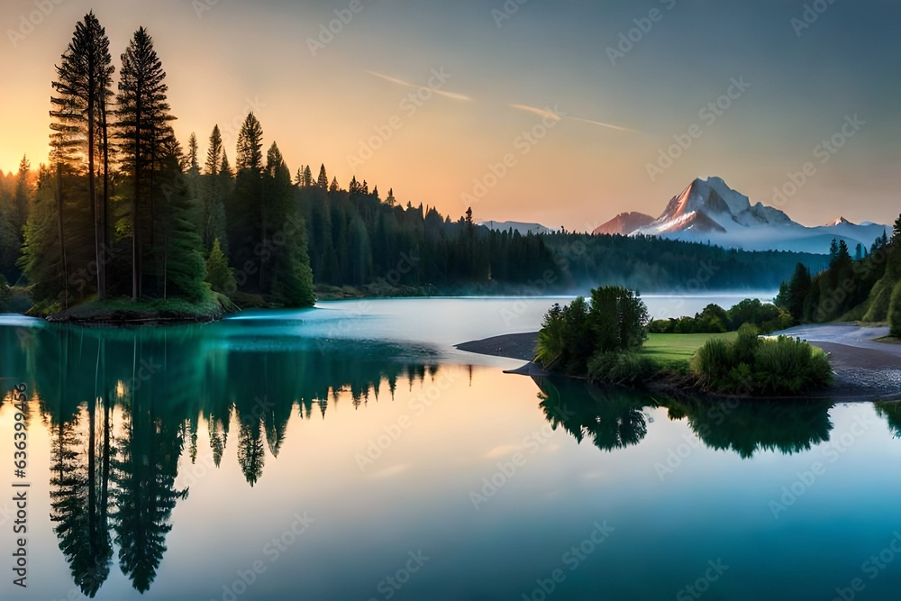 **Beautiful views of the forest and lake with a waterfall. 3D image