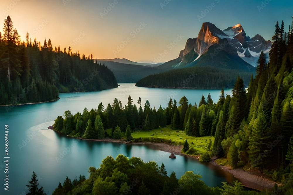 **Beautiful views of the forest and lake with a waterfall. 3D image