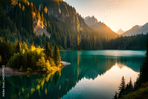 **Beautiful views of the forest and lake with a waterfall. 3D image