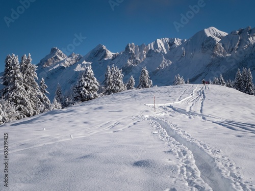 a beautiful snowy landscape in the Alps in France with ski trails