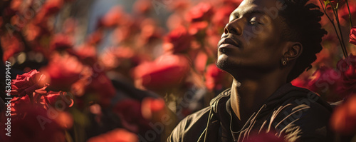 An African man meditates alone ast a garden of blooming roses his eyes closed and his heart feeling gratitude for the beauty that